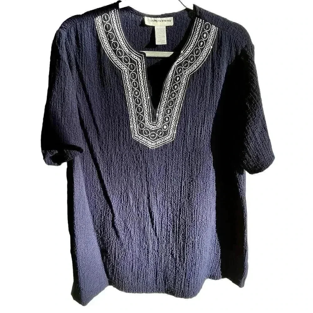 Cathy Daniel’s Women’s Elegant Navy Short Sleeve Embroidered Sequin Collar Large